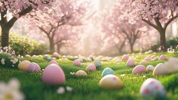 Colorful Easter eggs scattered on grass under blooming cherry blossom trees at springtime photo