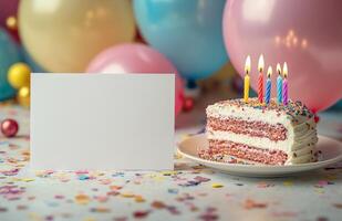 Celebration with colorful cake and festive balloons at a birthday party photo