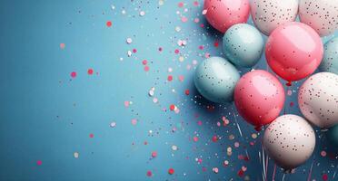 Colorful balloons and confetti create a festive atmosphere for a celebration or party photo