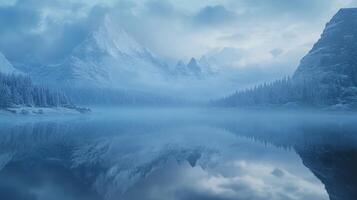 Serene lake surrounded by mountains under a cloudy sky at dawn photo
