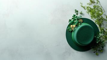 Green hat adorned with shamrocks and coins on a light background for St Patrick's Day celebration photo