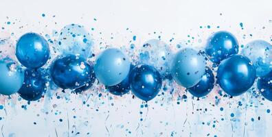 Celebration decorations with blue balloons and confetti for a special occasion in bright setting photo
