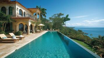 Serene beachfront villa with infinity pool overlooking the ocean on a sunny day photo