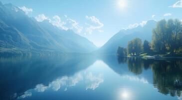 Breathtaking view of tranquil lake surrounded by mountains and trees on a clear sunny day photo
