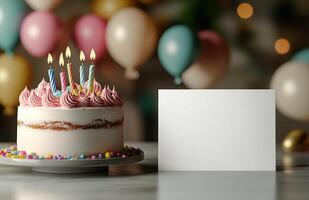 Colorful birthday cake with candles and blank card on a festive background photo