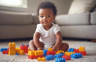 Baby plays with colorful building blocks on a soft carpet in a cozy living room setting photo