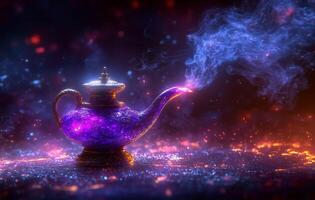 Mystical purple oil lamp emits colorful smoke in an enchanting atmosphere of magic and wonder photo
