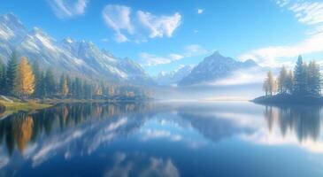 Majestic mountain landscape with serene lake and autumn foliage in the early morning light photo