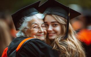 Celebrating graduation with a joyful embrace between young and elderly graduates photo