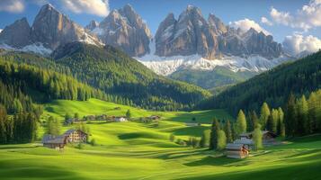 Mountain landscape featuring lush green valleys and snowy peaks under a bright blue sky photo