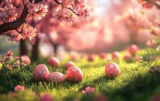 Colorful Easter eggs hidden among blooming cherry blossom trees in a serene garden setting photo