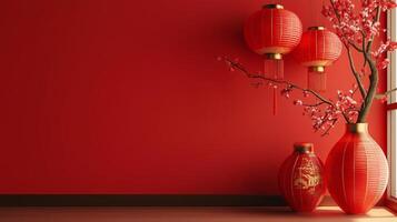 Bright red decorations with lanterns and flowers in an interior setting during festive season photo