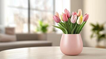 Beautiful bouquet of tulips in a pink vase on a table in a bright living room photo