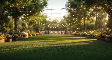 Outdoor garden event with string lights illuminating flower beds during late afternoon photo