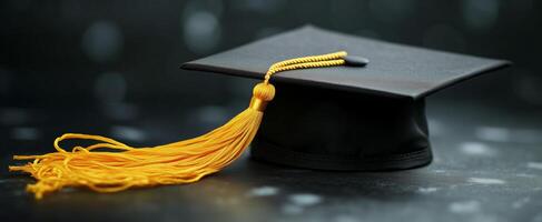 Graduation cap with yellow tassel displaying academic achievement on a blurred background photo