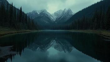 Mountains reflecting in a tranquil lake surrounded by dense forest in a cloudy atmosphere photo