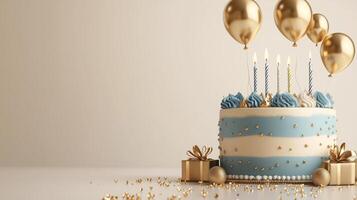 Celebratory cake with balloons and gifts at a birthday party setting photo
