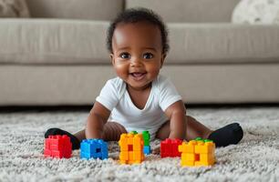 Happy baby playing with colorful building blocks on soft rug indoors photo