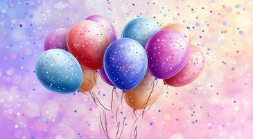 Colorful balloons with confetti against a pastel background for a festive celebration photo