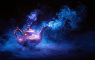 Traditional teapot with steam creating mystical atmosphere during evening photo