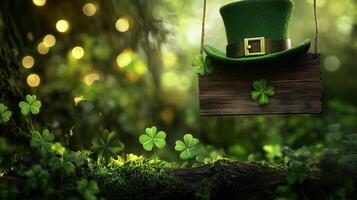 Lucky clover hat with hanging sign in vibrant forest environment photo