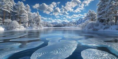 Winter landscape with swirling patterns on a frozen lake under a cloudy sky photo