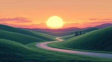 Serene sunset over rolling hills with winding road in peaceful landscape photo