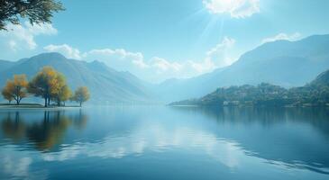 Tranquil lake view surrounded by mountains and autumn foliage during a sunny day photo