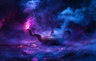 Mystical teapot with colorful smoke creating enchanting atmosphere at night photo