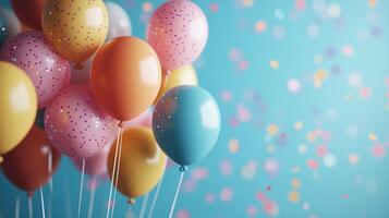 Colorful balloons with confetti against a blue background for celebrations and parties photo