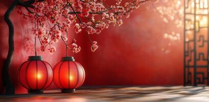 Red lanterns and cherry blossoms create a serene atmosphere in a traditional setting photo