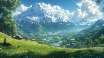 Majestic mountains surrounded by lush greenery and tranquil valley under a clear blue sky photo