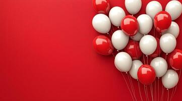 Colorful red and white balloons floating against a bright red background for festive celebrations photo
