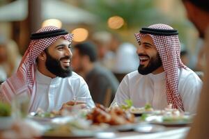 Friends sharing a joyful meal in a lively Middle Eastern restaurant during evening hours photo