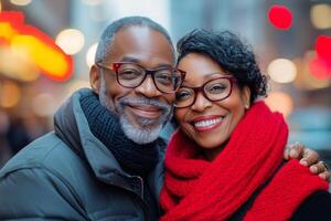 Couple enjoying a cheerful moment in a bustling city during a winter evening photo