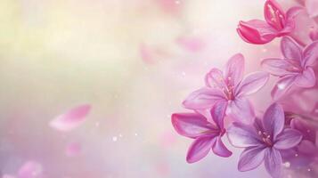 Beautiful pink flowers bloom against a soft pastel background in springtime season photo