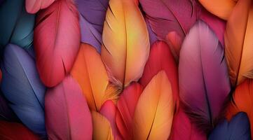Colorful feathers arranged in a vibrant pattern perfect for artistic backgrounds or creative projects photo