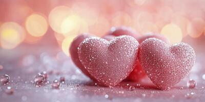 Pink sparkling hearts arranged creatively with soft bokeh background during festive celebration photo