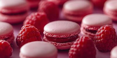 Delicious pink macarons and fresh raspberries arranged on a colorful surface photo
