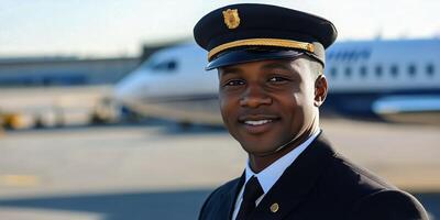 Flight officer in uniform smiling at the airport with a private jet in the background during daylight photo