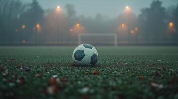 Soccer ball resting on a misty field with distant goalposts and lights in the background photo