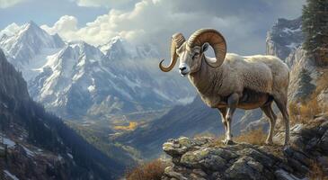 Bighorn sheep stands majestically on rocky outcrop in mountainous landscape photo