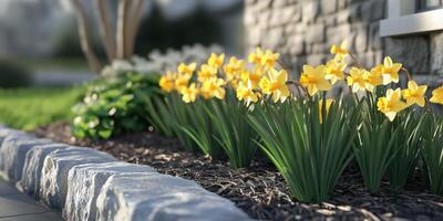 Bright yellow daffodils bloom in a well-maintained garden beside a stone wall during spring photo