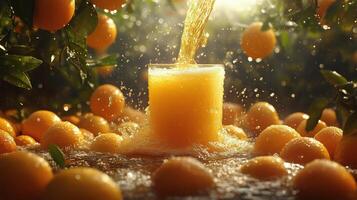 Fresh orange juice flowing from a glass surrounded by ripe oranges in a sunny orchard photo