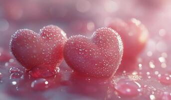Heart-shaped decorations with water droplets on a soft pink background create a romantic atmosphere photo