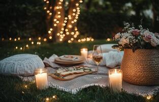 Cozy outdoor picnic setup in a garden illuminated by fairy lights at dusk photo