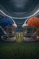 Helmet clash between two football teams in a stadium under bright lights during a night match photo