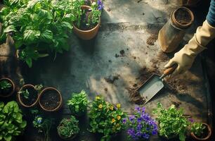 Gardening activities taking place in a sunny outdoor space with various plants and flowers photo