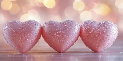 Three pink hearts with dew resting on a soft surface with a blurred background photo