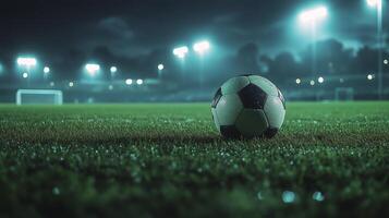 Soccer ball resting on a wet field under bright stadium lights at night photo